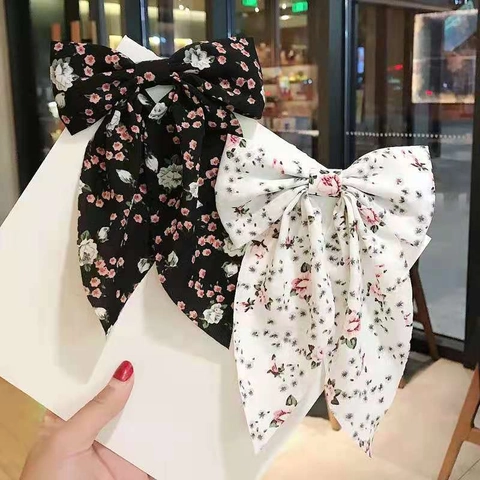 Große Chiffon Schleife Haarklammer Blumenmuster Lange Bänder Entenschnabelclip Süßer Pastoraler Stil Haarschmuck
