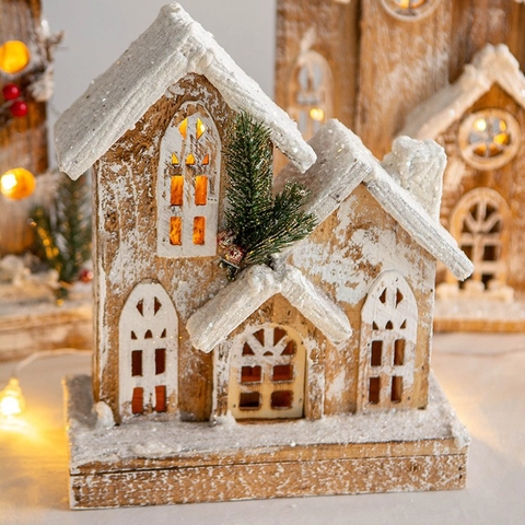 Decorazione Casa Luminosa Legno Natale Con Luce LED Coperta Neve Aghi Pino Bacche Per Vacanze Casa Festa Finestra