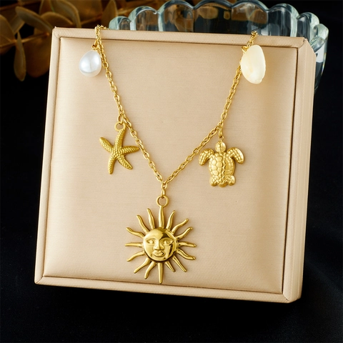 Collar De Acero Inoxidable Chapado En Oro Con Colgantes Sol Cara Tortuga Estrella De Mar Concha Perla Artificial Océano Para Mujer