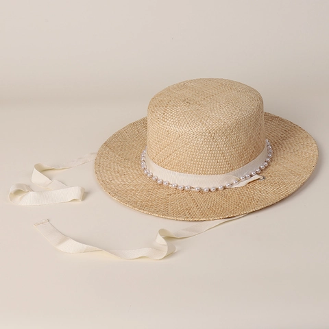 Boater Hat Natural Grass Wide Brim Flat Top With Imitation Artificial Pearl And Long Ribbon Elegant Summer Beach Sun Protection Women