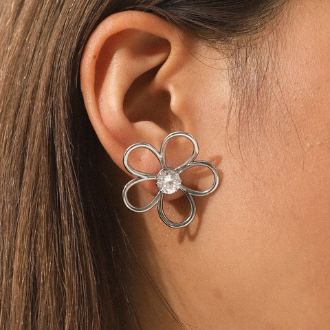 Hollow Flower Stud Earrings And Ring Stainless Steel With Sparkling Zircon Minimalist Geometric Jewelry For Women Silver Tone