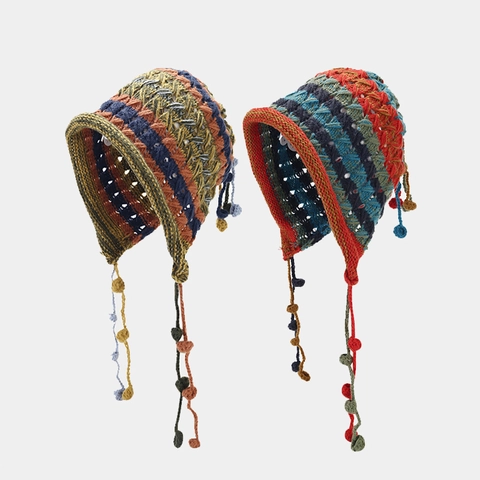Handmade Crochet Beanie Hat Ear Protection Acrylic Colorful Striped Tassel Pompom Bohemian Autumn Winter Warm Headwear