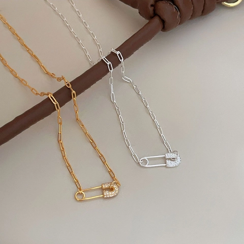 Collana Con Ciondolo A Spilla Di Sicurezza In Argento Sterling 925 Con Zirconi Catena A Graffetta Minimalista Da Donna Oro 18K