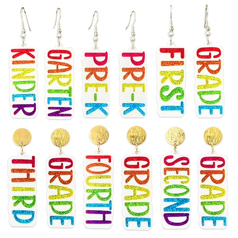 Rainbow Glitter Grade Letter Acrylic Dangle Earrings For Teachers Students Back To School Gift Novelty Jewelry