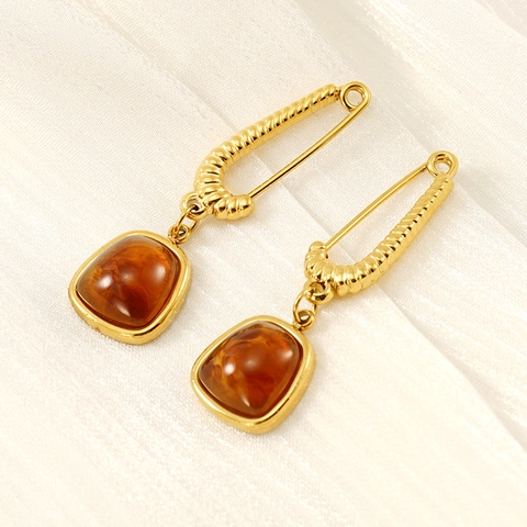 Vintage Geometric Dangle Earrings With 18K Gold Plated 304 Stainless Steel And Amber Color Natural Stone Square Safety Pin Style