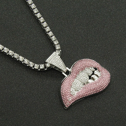Hip Hop Men Alloy Rhinestone Lips Pendant Necklace Sparkly Lip Jewelry With Cuban Tennis Chain Fashion Accessory