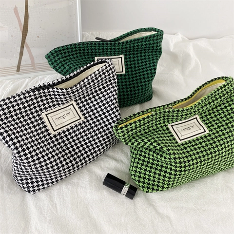 Houndstooth Makeup Bag Jacquard Fabric Cosmetic Storage Pouch Travel Toiletries Organizer Retro Handbag For Women