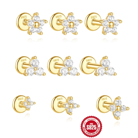 Flower Geometric Ear Cartilage Piercing Studs Gold Plated Zircon With 925 Sterling Silver Earring Post Elegant Jewelry