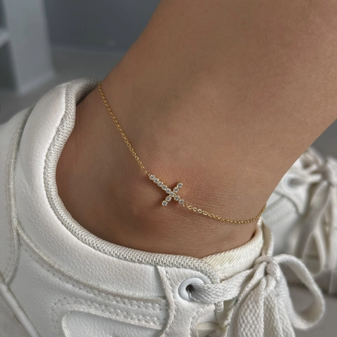 Bracelet De Cheville Pendentif Croix Acier Inoxydable Zircone Inlay Minimaliste Bijoux De Mode Pour Femmes