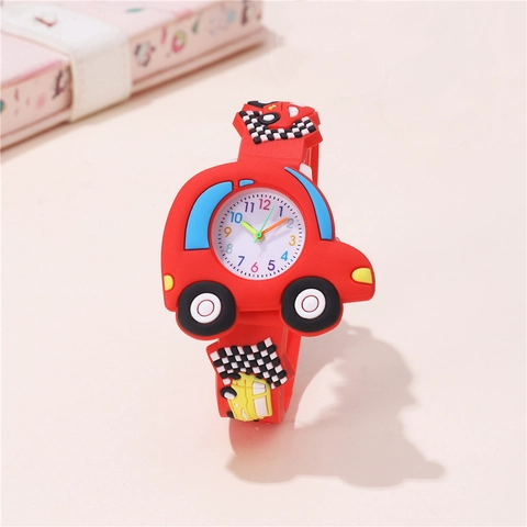 Cute Cartoon Car Kids Watch For Boys Girls Student Colorful Number Dial Racing Flag Sport Synthetic Rubber Watch Gift