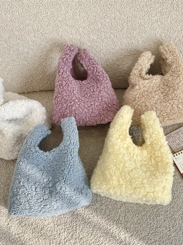 Borsa In Peluche Sherpa Fleece Morbida Borsa Da Polso Teddy Fur Fodera Gingham Autunno Inverno Per Donne