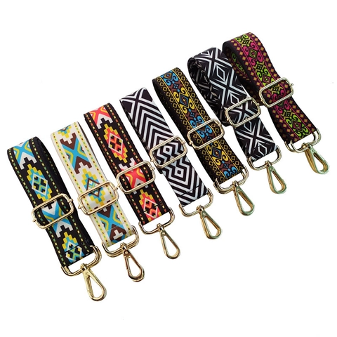 Wide Bag Strap Replacement Adjustable Shoulder Crossbody Handbag Belt Ethnic Geometric Pattern Polyester Fabric Metal Buckles