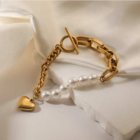 Bracciale In Acciaio Inossidabile Placcato Oro Con Pendente A Cuore E Künstliche Perle Catena Vintage Gioielli Moda Donna