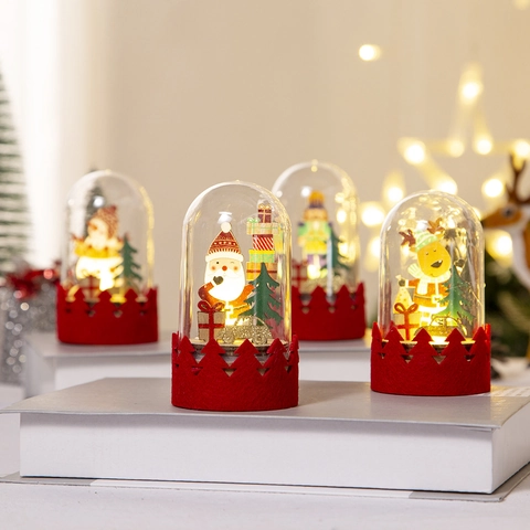 Weihnachts LED Tischdeko Holzfiguren In Kunststoffkuppel Santa Schneemann Rentier Nussknacker Festliche Dekoration