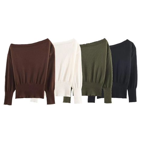Women Off Shoulder Knitted Sweater Boat Neck Long Sleeve Solid Color Pullover Elegant Slim Fit Ribbed Knit Top