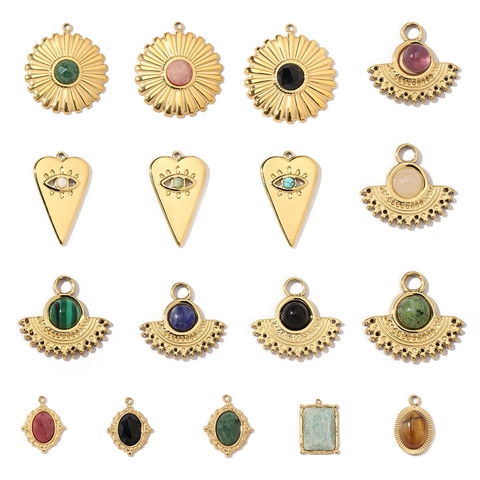 Evil Eye Heart Fan Shape Charms Pendants Stainless Steel Natural Stone For DIY Jewelry Making French Retro Style