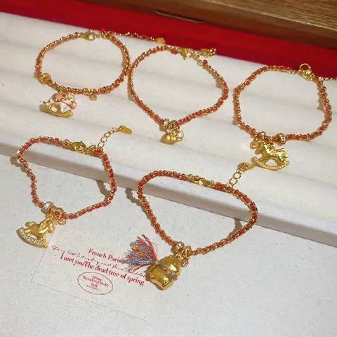 Pulsera Cuerda Trenzada Roja Cobre Chapado Oro 24K Circón Perla Artificial Caballo Calabaza Amuleto Estilo Chino Joyería Para Mujer