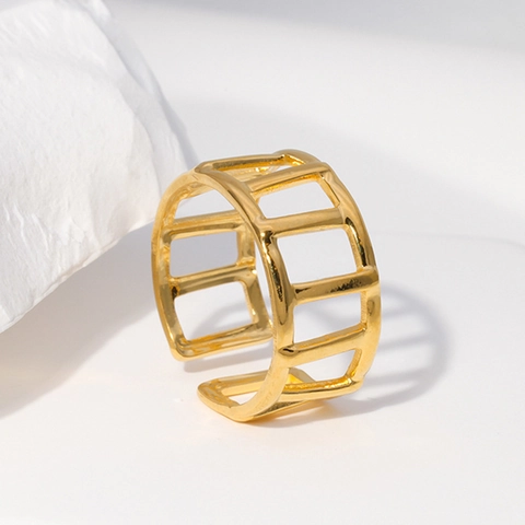 Anillo Hueco Geométrico Acero Inoxidable Chapado En Oro De 18K Abierto Ajustable Diseño De Valla Joyería Minimalista Para Mujer
