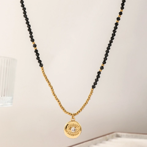 Minimalistische Edelstahlkette Mit Schwarzen Spinellperlen Für Damen Eleganter Evil-Eye-Anhänger Vergoldeter Layering Schmuck
