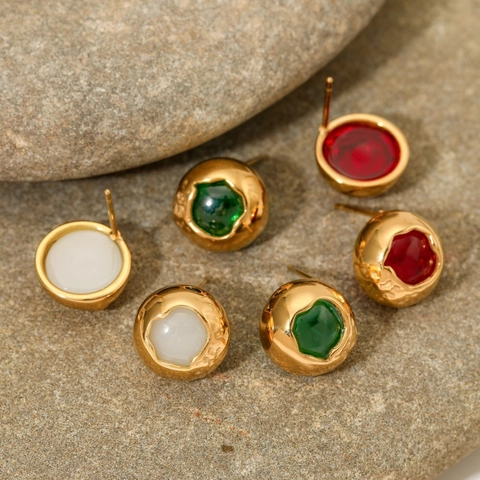 Round Stud Earrings Stainless Steel PVD Gold Plated Hammered Texture Inlaid Resin Retro Sweet Style Jewelry For Women