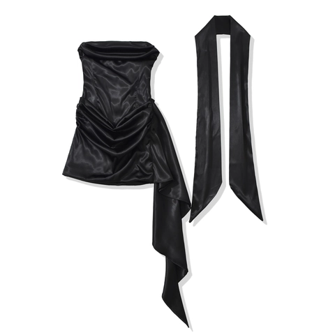 Vestito Mini In Raso Senza Spalline Aderente Arricciato Completo Da Festa Con Sciarpa Coordinata Elegante Donna