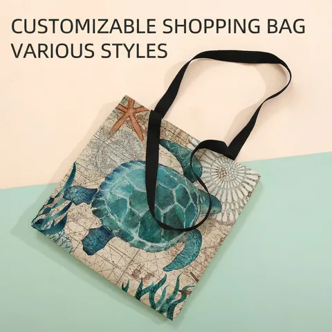 Sac Fourre-Tout Imprimé Tortue De Mer Mélange Lin Coton Imperméable Grande Capacité Sac À Main Shopping Style Vintage