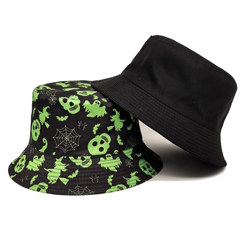 Halloween Bucket Hat Neon Green Skull Print Reversible Polyester Sun Hat For Party Outdoor Festival Women Men