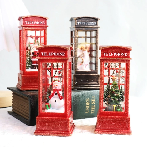 Christmas Telephone Booth LED Lantern Retro Snow Globe With Santa Snowman Ornament For Holiday Table Desktop Decor
