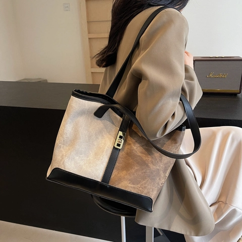 Bolso Tote Grande Para Mujer Color Block Cuero PU Costuras De Lona Bolso De Hombro Retro Para Oficina Simple Elegante