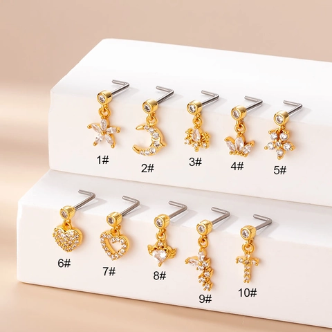 Piercing De Nariz Acero Inoxidable En Forma De L Circón Corazón Cruz Flor Colgante Joyería Para Mujeres Moda