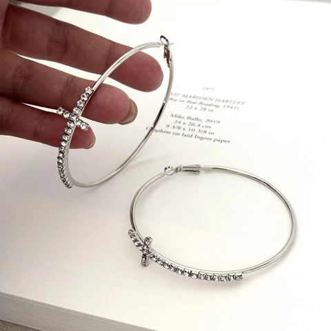Large Hoop Earrings With Rhinestone Cross Charm And Silver Earring Post Alloy Fashion Jewelry For Women