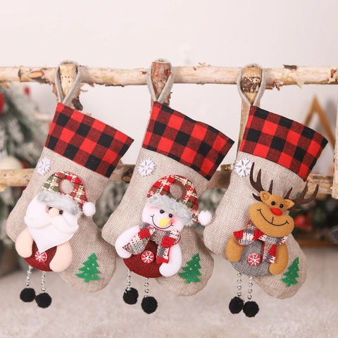 Calze Di Natale In Juta Lino Quadri 3D Babbo Natale Pupazzo Di Neve Alce Orso Decorazioni Appese Per Albero