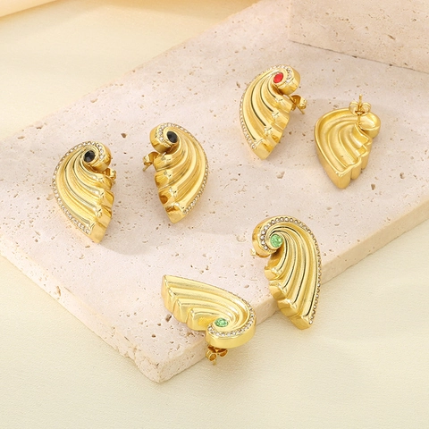 Wing Stud Earrings Stainless Steel With Rhinestones And Colorful Glass Stone Vintage Golden Wave Shell Jewelry For Women