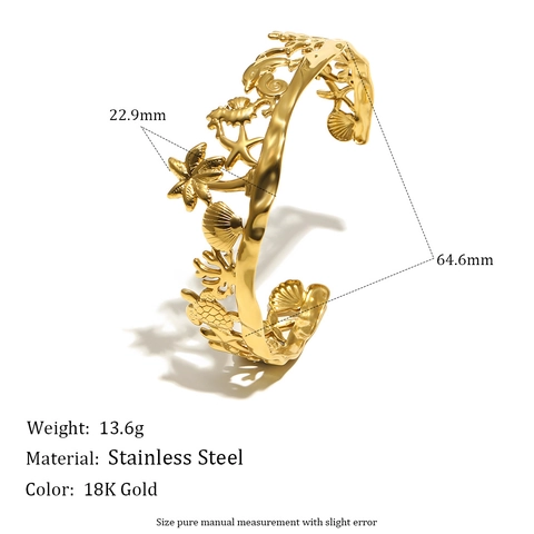Ocean Theme Stainless Steel 18K Gold Plated Hollow Sea Star Shell Turtle Palm Tree Open Bracelet Ring Jewelry
