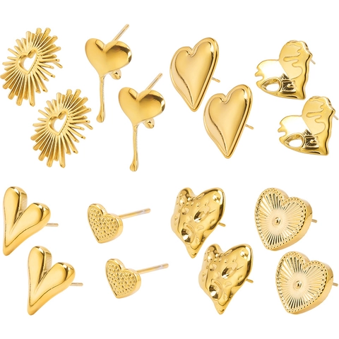Heart Stud Earrings 304 Stainless Steel Sunburst Molten Liquid Metal Textured Minimalist INS Fashion Jewelry For Women