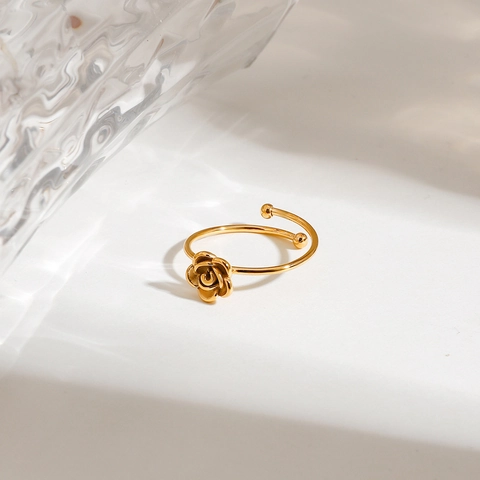 Rosenblüte Offener Ring 18 Karat Vergoldet Edelstahl Verstellbar Minimalistisch Elegant Wasserdicht Schmuck Für Damen