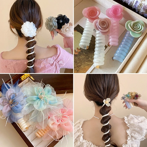 Spiral Hair Ties Plastic Resin Flower Design High Elasticity Sweet Fresh Style Hair Bands For Women Daily Fashion Accessories