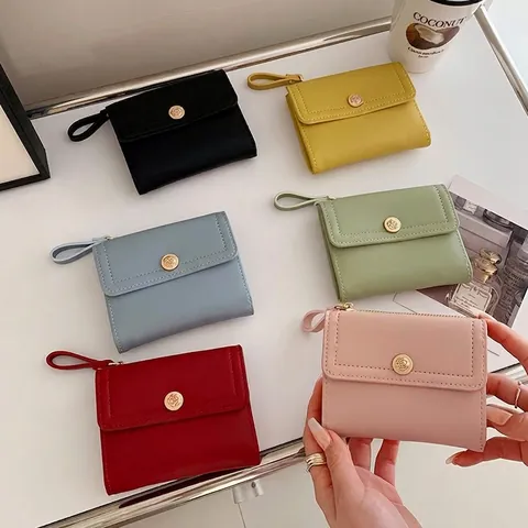Women Short Folding Wallet PU Leather Gold Rose Buckle Snap Closure Card Holder Zipper Pocket Wrist Strap Elegant