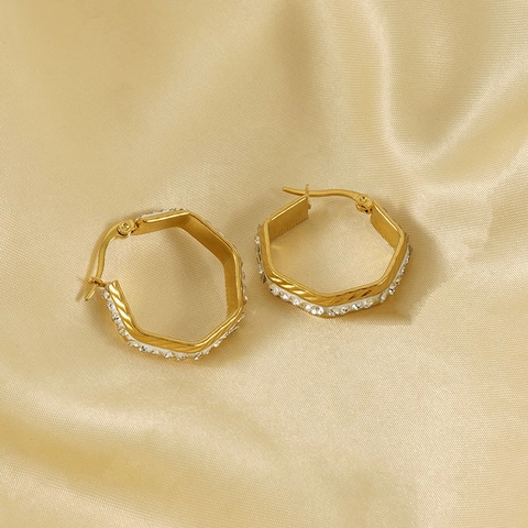Hexagon Hoop Earrings 18K Gold Plated Stainless Steel Geometric Rhinestone Sparkling Elegant Minimalist Jewelry For Women