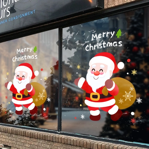 Santa Claus Christmas Window Stickers Static Cling PVC Removable Glass Door Decals Double Sided UV Print Xmas Decor