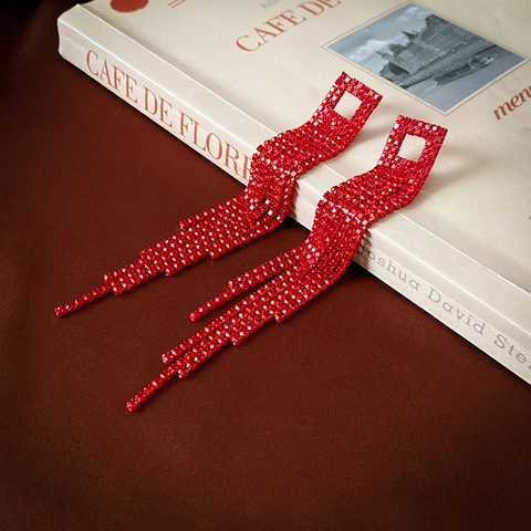 Red Rhinestone Long Tassel Dangle Earrings Alloy Geometric Square With 925 Sterling Silver Earring Post For Women