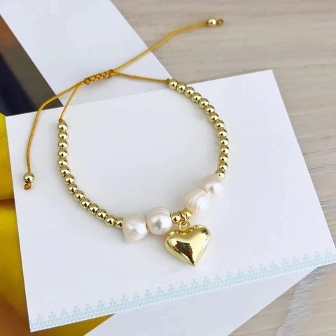 Baroque Natural Freshwater Pearl Heart Bracelet 18K Gold Plated Brass Beads Adjustable Woven Drawstring For Women