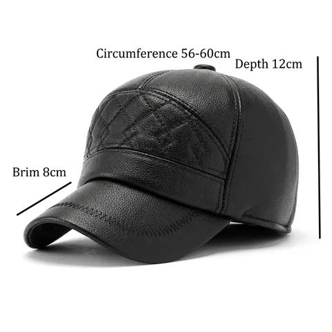 Gorra De Béisbol De Invierno Para Hombre Cuero PU Cálido Forro Peluche Protección Oídos Ajustable Negro