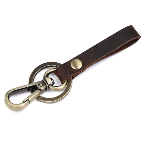 Retro Echt Lederen Sleutelhanger Autosleutel Vintage Brons Metalen Haak Sleutelring Voor Mannen En Vrouwen