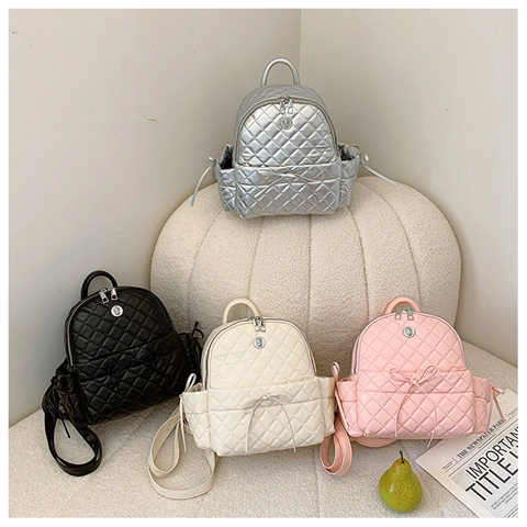 Mini Zaino Da Donna Moda Trapuntato Con Motivo A Rombi Decorazione Fiocco Pelle PU Piccolo Zainetto Versatile Casual