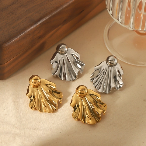 Boucles D'oreilles Puces Plissées En Forme D'éventail Acier Inoxydable Plaqué Or 18K Bijoux Géométriques