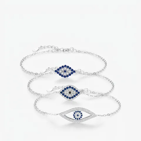 Evil Eye Bracelet 925 Sterling Silver Blue And White Cubic Zirconia Minimalist Adjustable Lucky Jewelry For Women