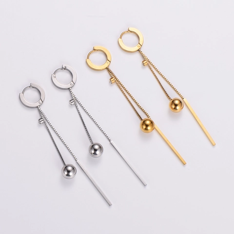 Orecchini Lunghi A Nappa Acciaio Inossidabile 316L Placcato Oro 18K Sfera Rotonda Pendenti A Barra Geometrica Donna