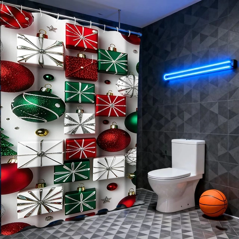 Cortina Ducha Poliéster Impermeable Impresión 3D Navidad Accesorio Baño Decorativo Ojales Metálicos Ganchos
