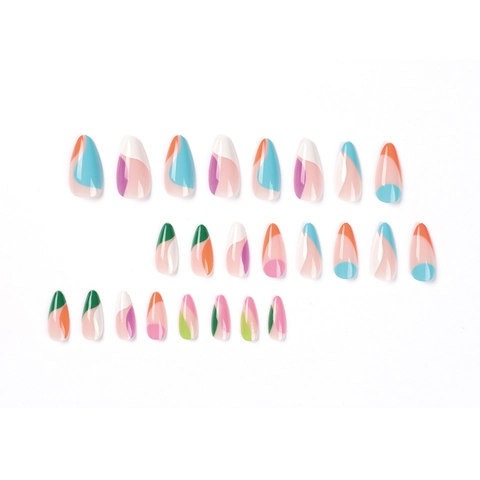 Unghie Finte Press On Lunghe Mandorla Unghie Artificiali Astratte Geometriche Colorate Lucide Manicure Francese Per Donna
